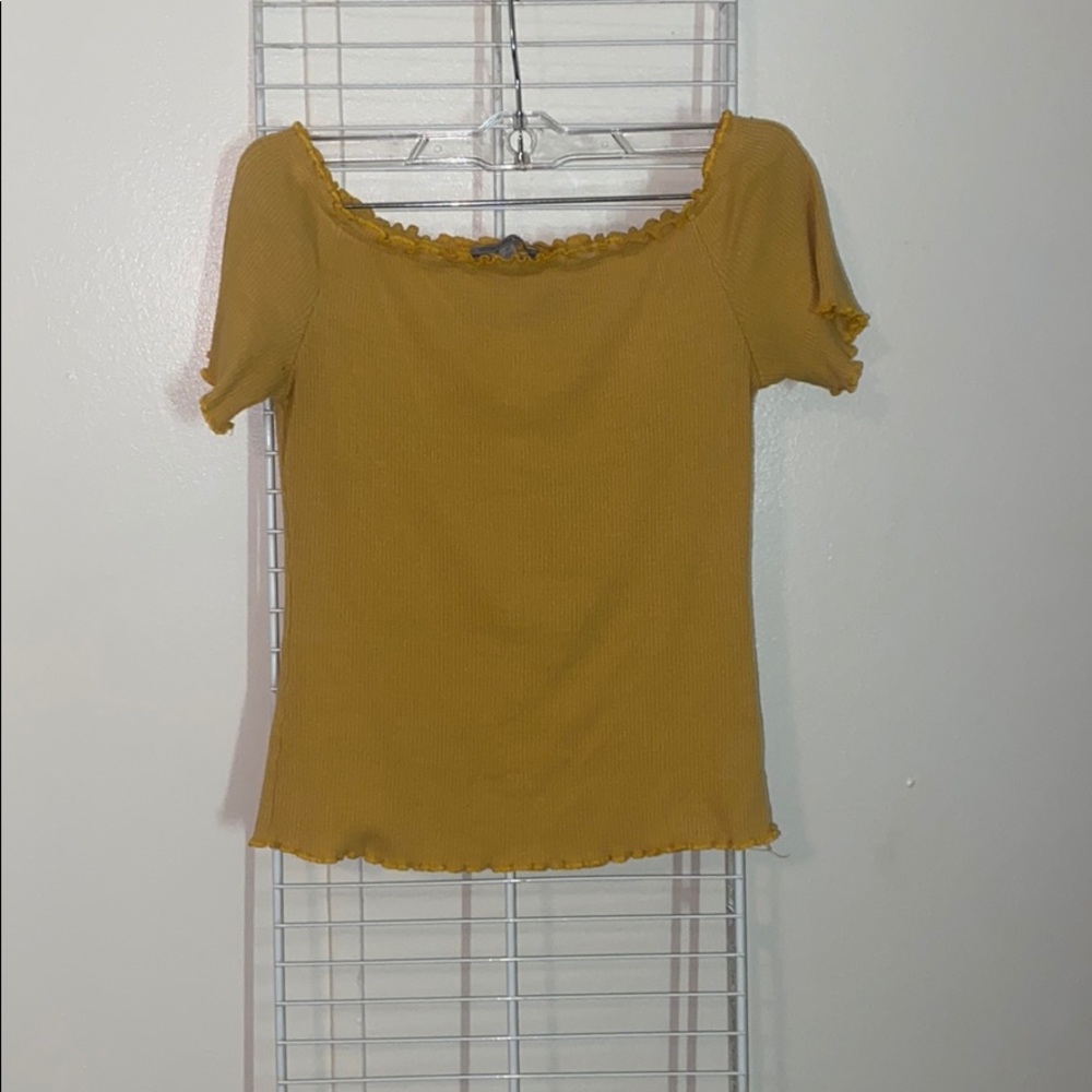 yellow tight off the shoulder shirt